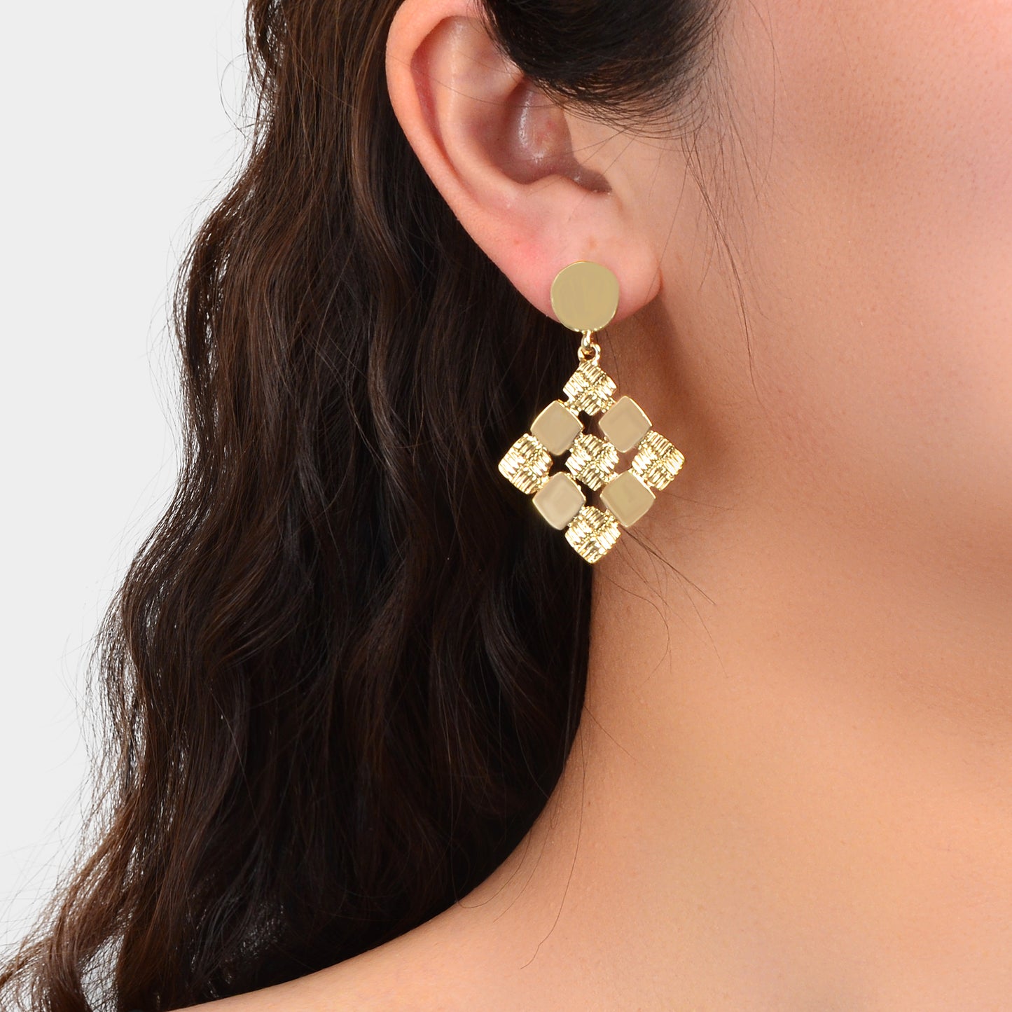 Fashion Ladies Jewelry Gold Plated Square Geometric Charm Pierced Stud Earrings