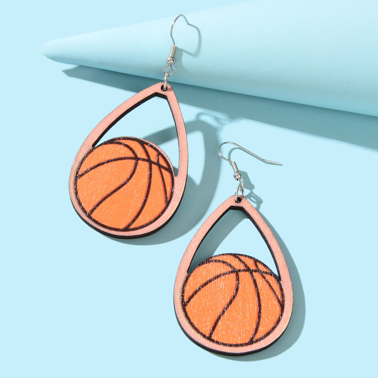 Sports Game Team Gift Wood Basketball Water Drop Dangling Lightweight Earrings
