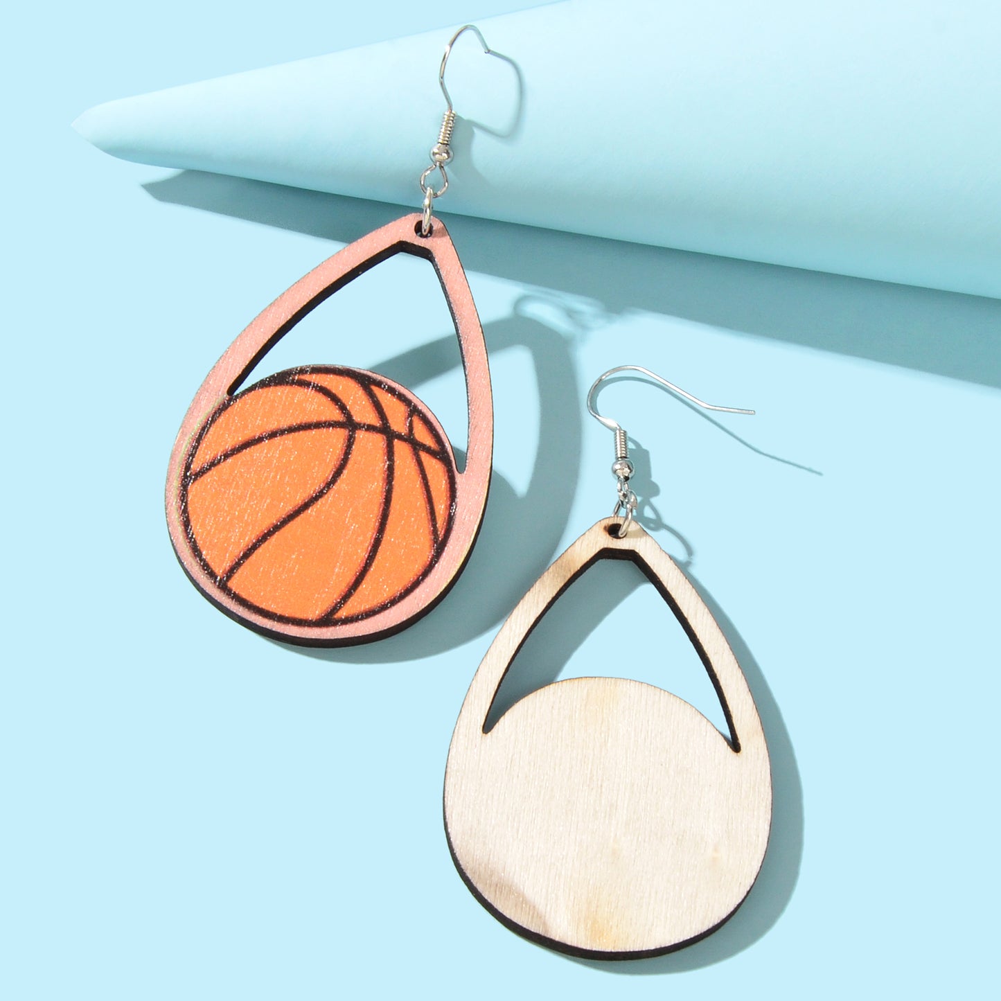 Sports Game Team Gift Wood Basketball Water Drop Dangling Lightweight Earrings