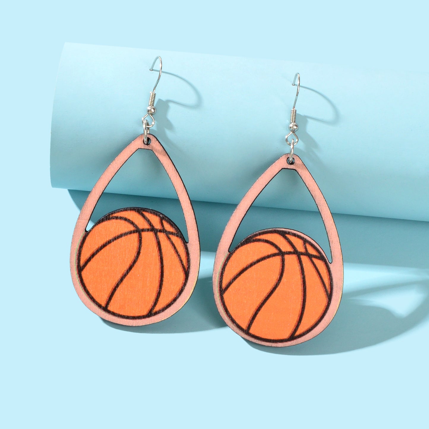 Sports Game Team Gift Wood Basketball Water Drop Dangling Lightweight Earrings