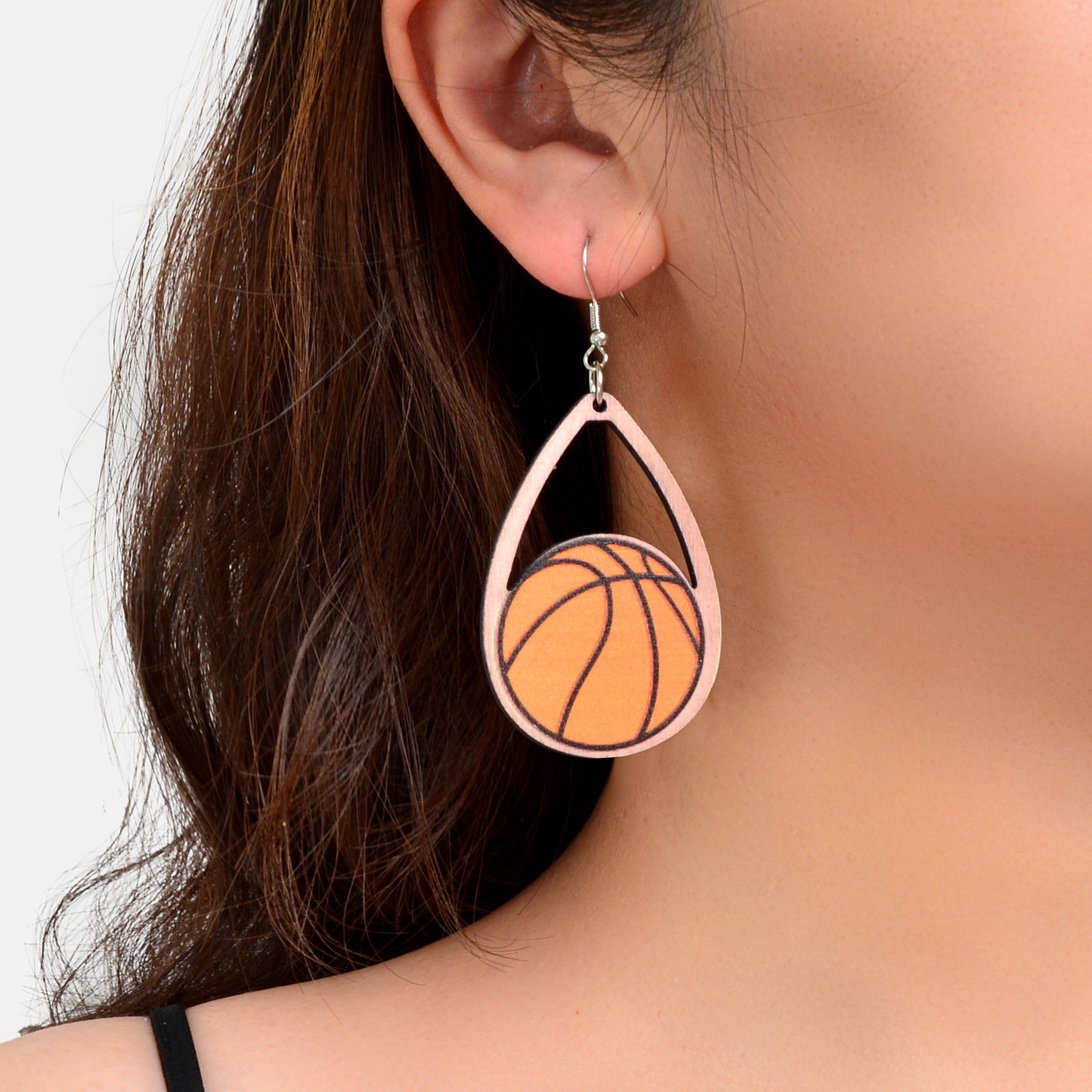 Sports Game Team Gift Wood Basketball Water Drop Dangling Lightweight Earrings