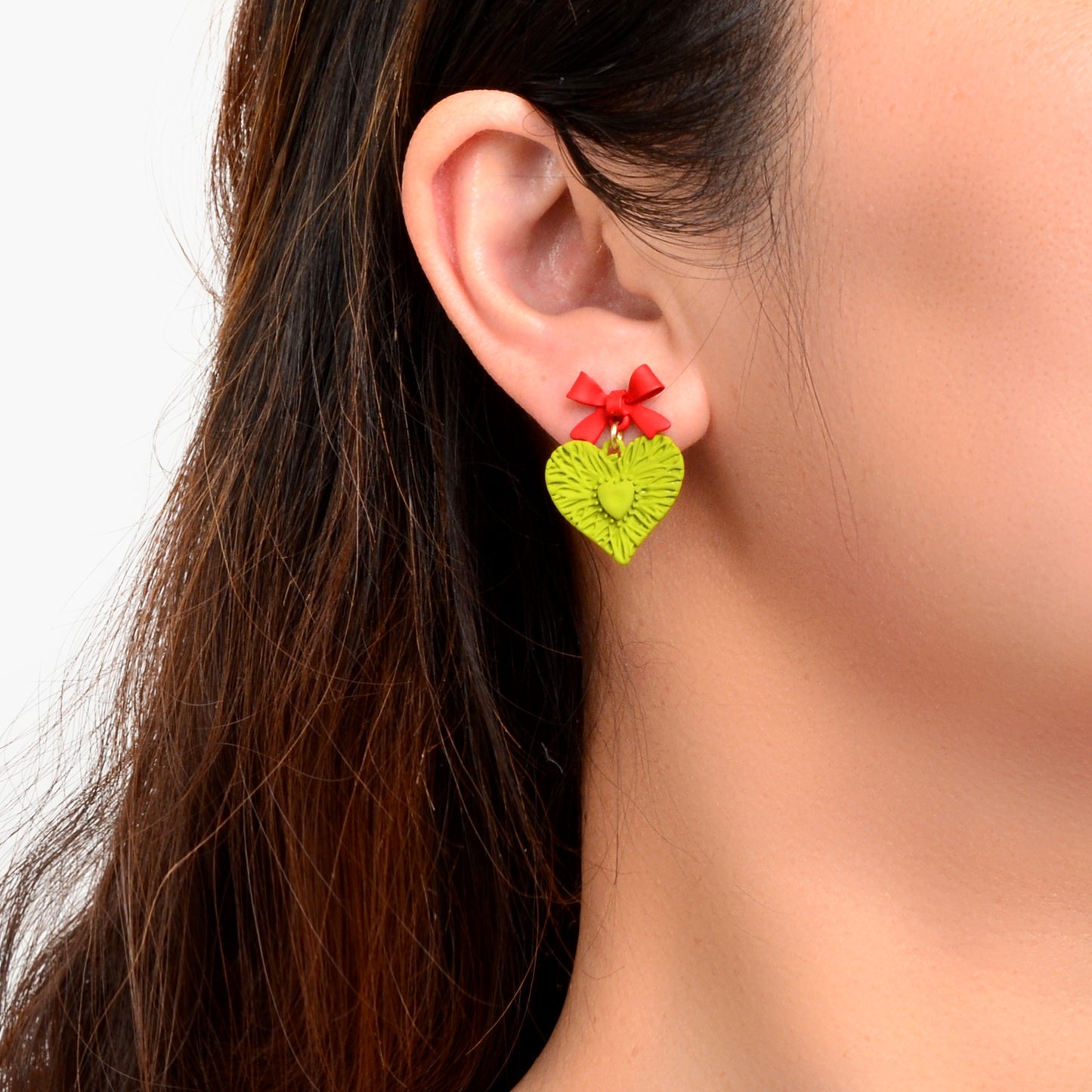 Fresh Sweet Red Bow Green Hollow Carved Heart Earrings Party Dating Jewelry Birthday Gift
