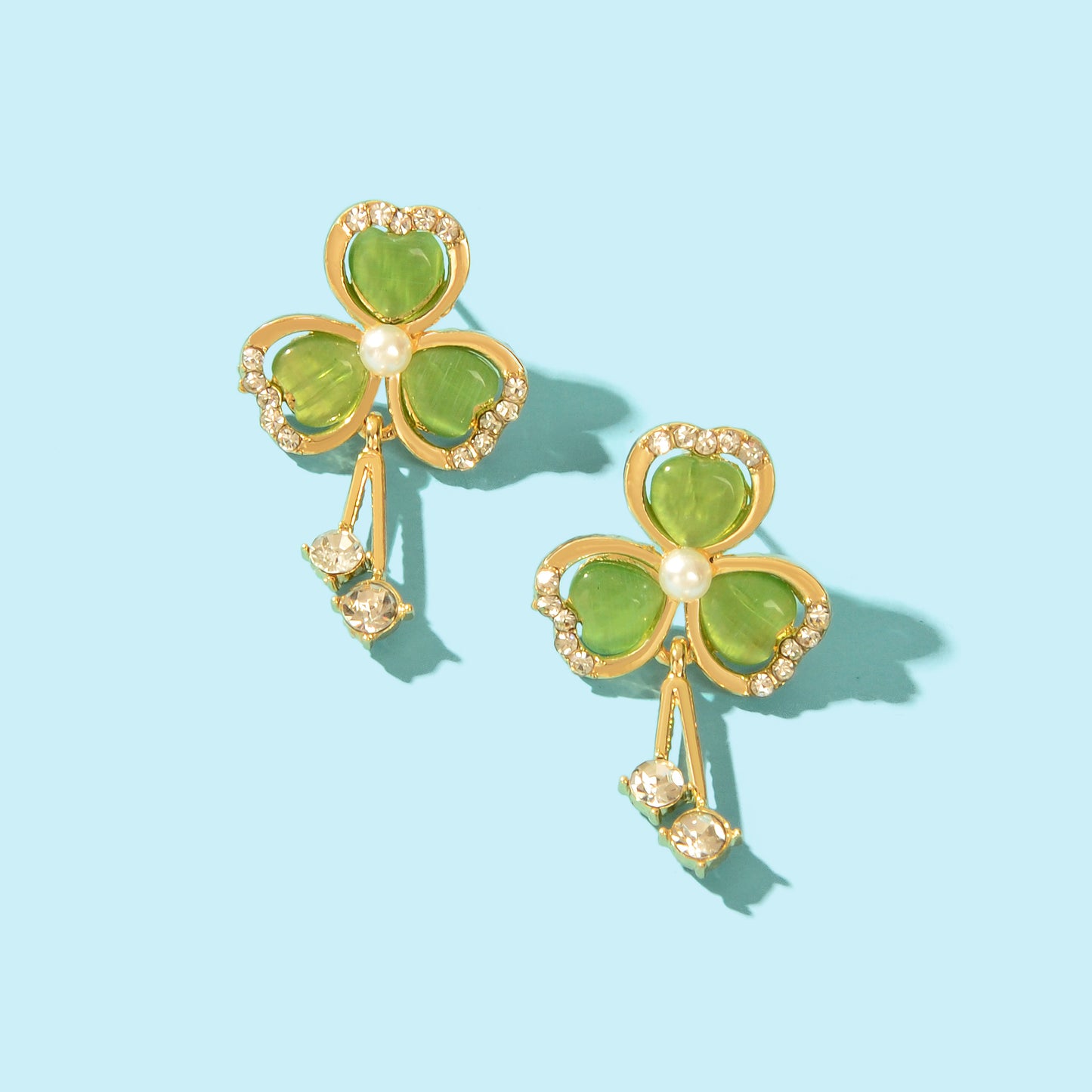 Elegant Jewellery Rhinestone Opal Pearl Decor Green Heart Shamrock Stud Earrings