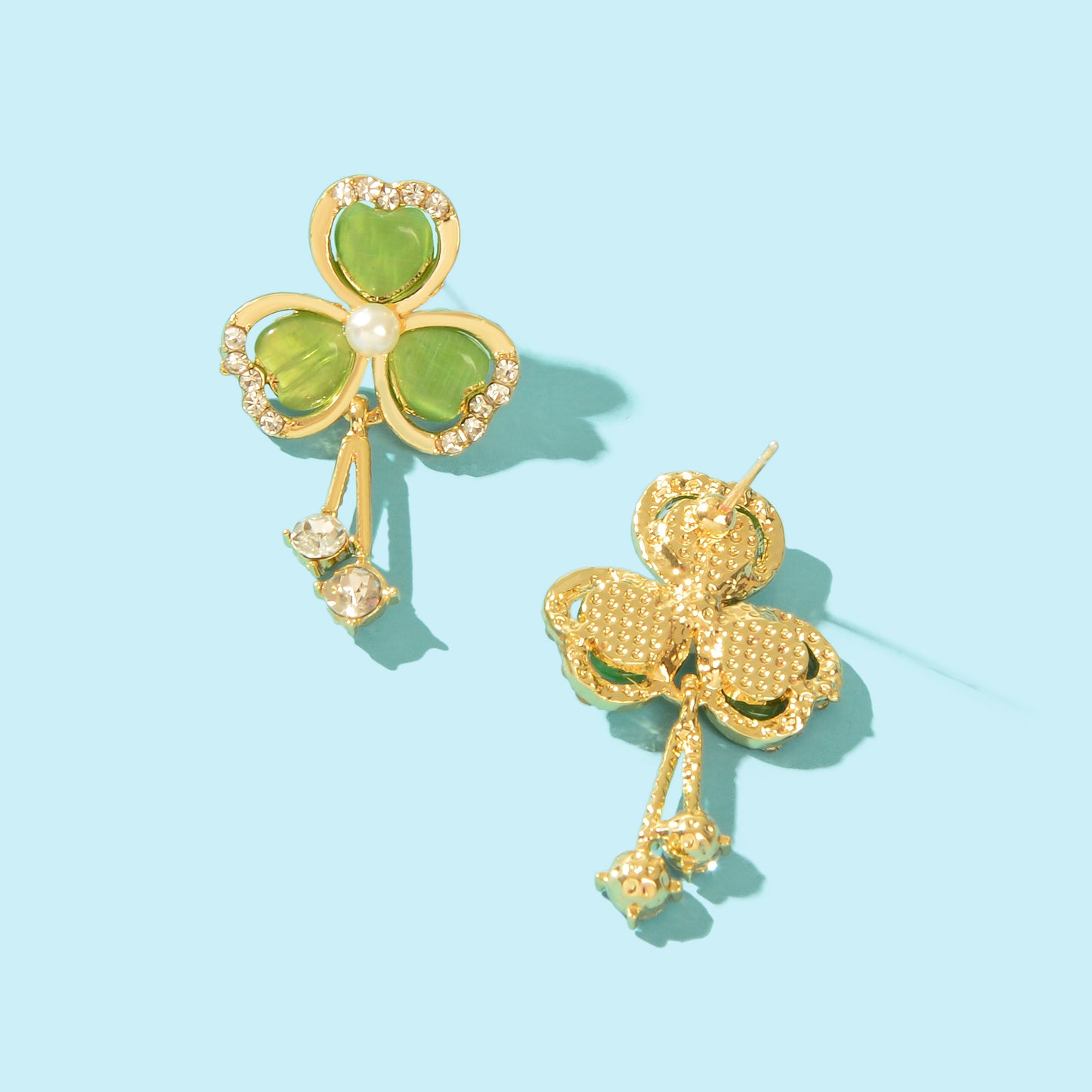 Elegant Jewellery Rhinestone Opal Pearl Decor Green Heart Shamrock Stud Earrings