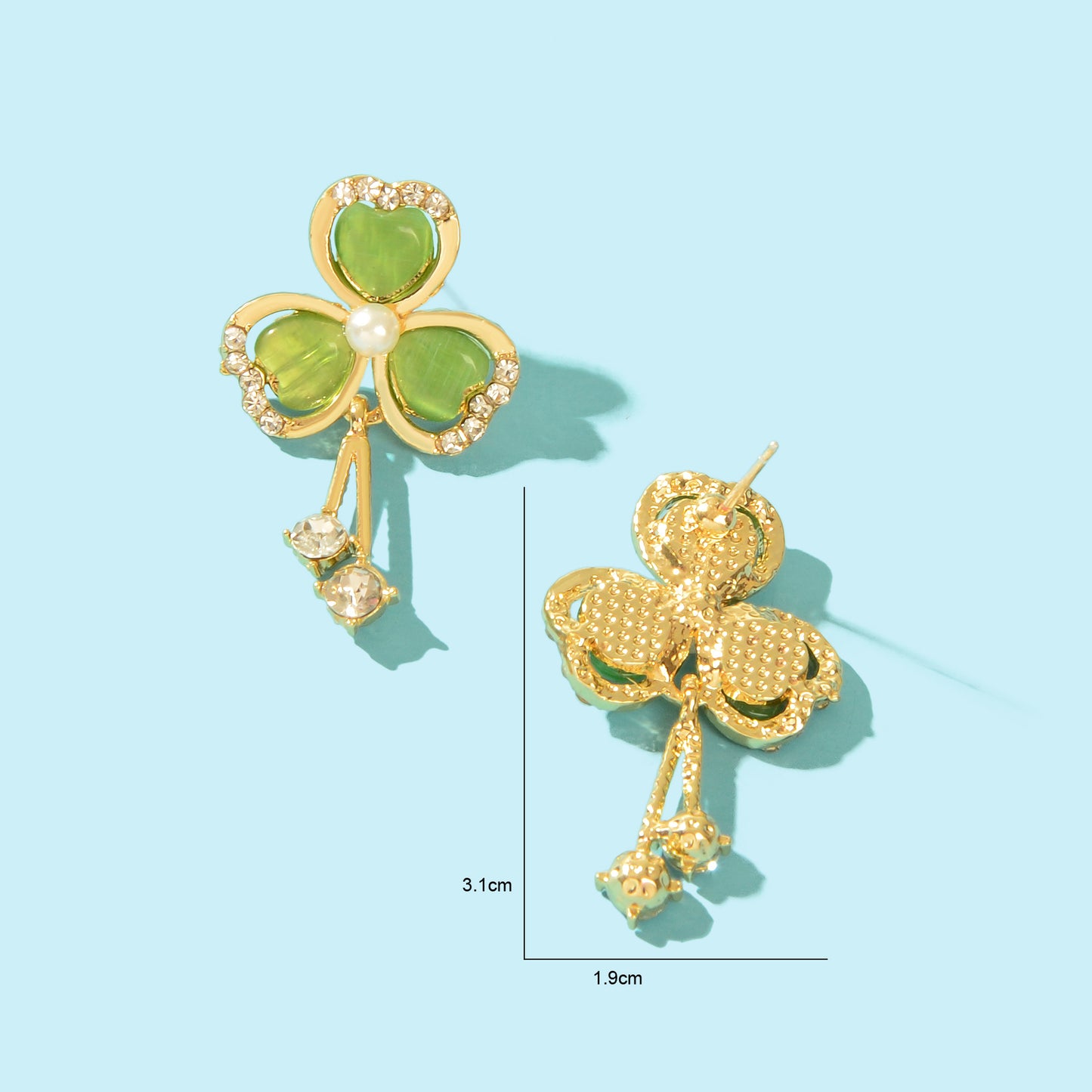 Elegant Jewellery Rhinestone Opal Pearl Decor Green Heart Shamrock Stud Earrings