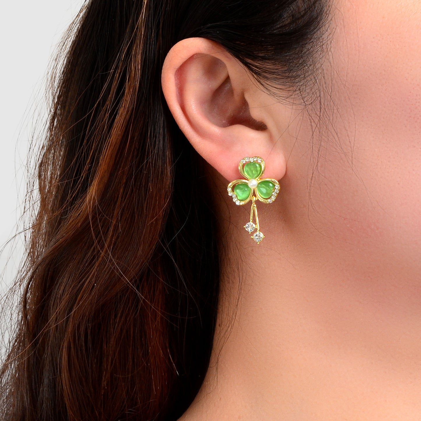 Elegant Jewellery Rhinestone Opal Pearl Decor Green Heart Shamrock Stud Earrings