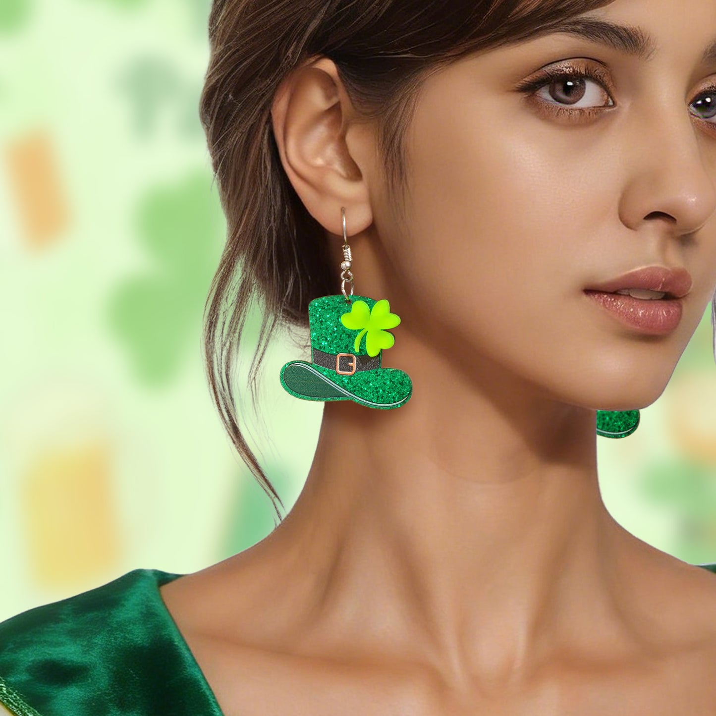 Acrylic Green Clover Hat Pendant Earrings St. Patrick's Day Festival Jewellery