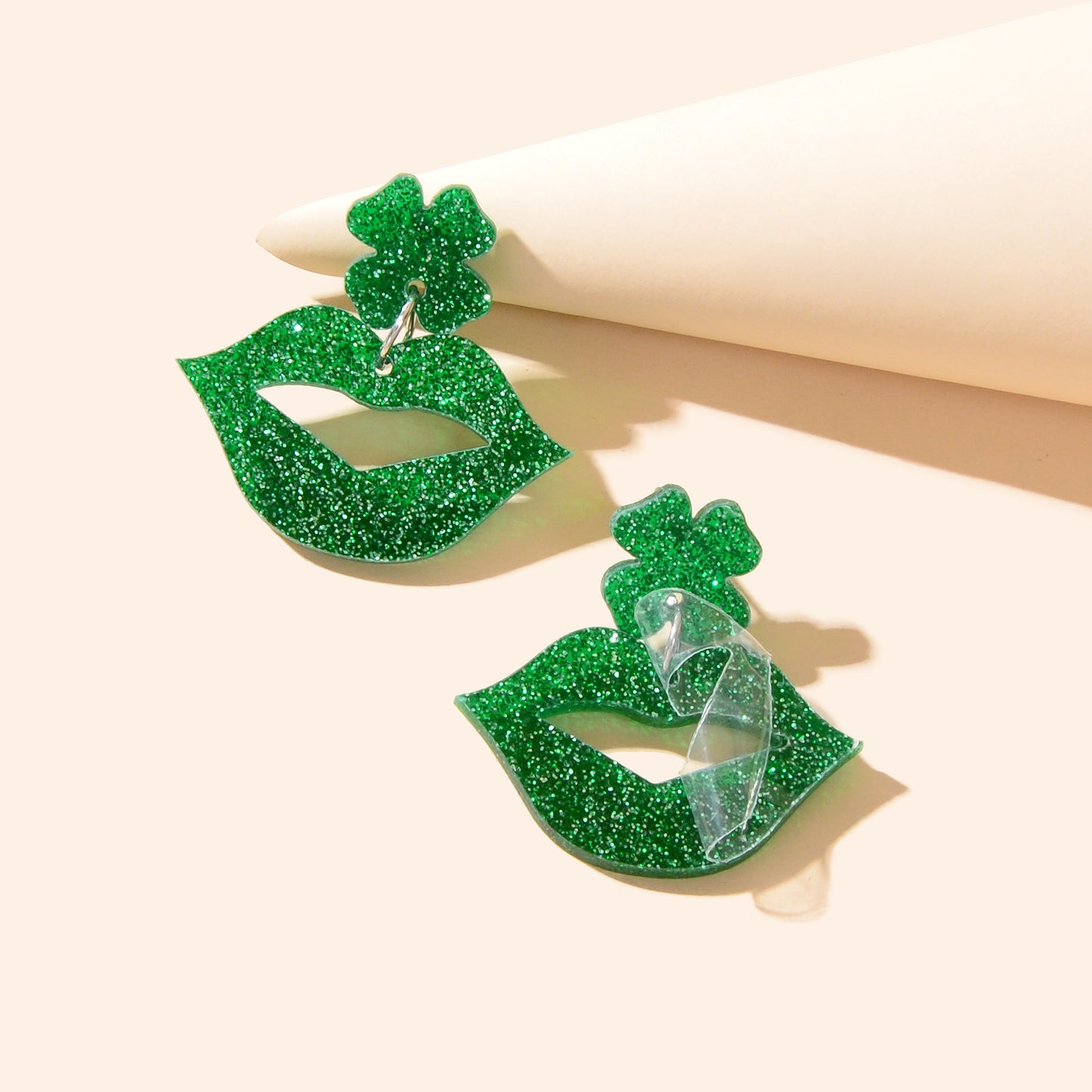 Shining Green Acrylic Lip Clover Pendant Stud Women Earrings Personality Jewelry