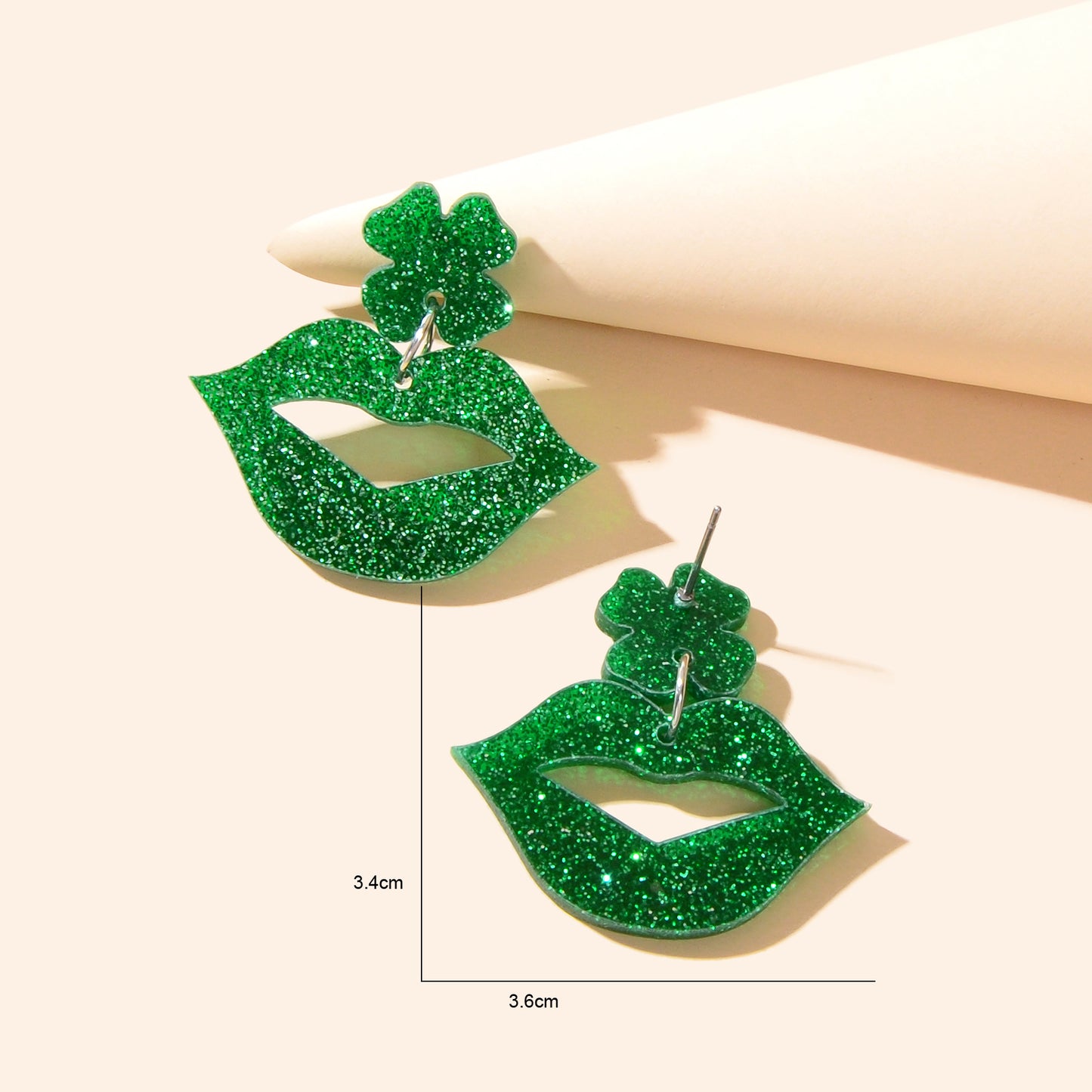 Shining Green Acrylic Lip Clover Pendant Stud Women Earrings Personality Jewelry