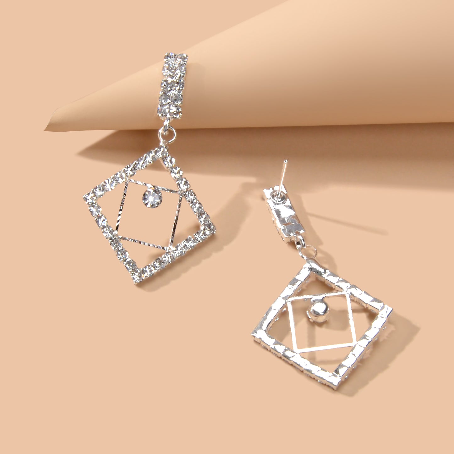 Anniversary Wedding Jewelry Luxury Full Rhinestone Square Dangle Bridal Earrings