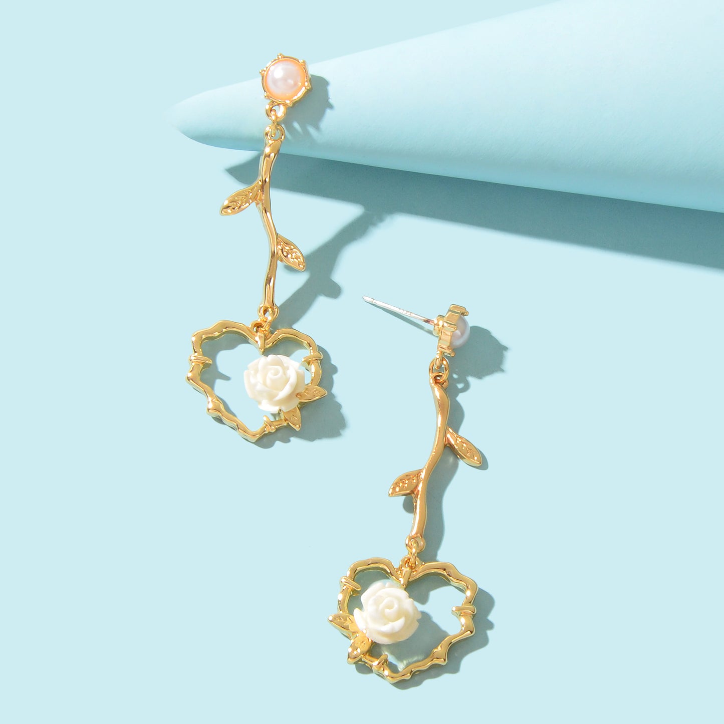Elegant Imitation Pearl Decor Rose Flower Heart Dangle Earrings Anniversary Engagement Wedding  Delicate Jewellery