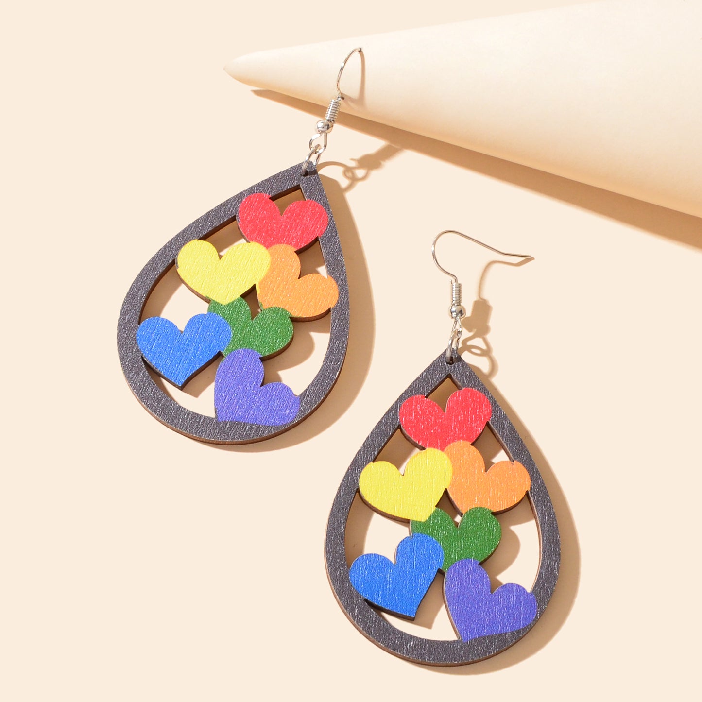 Cute Hollow Colorful Heart Water Drop Wood Dangle Earrings Party Festival Jewelry