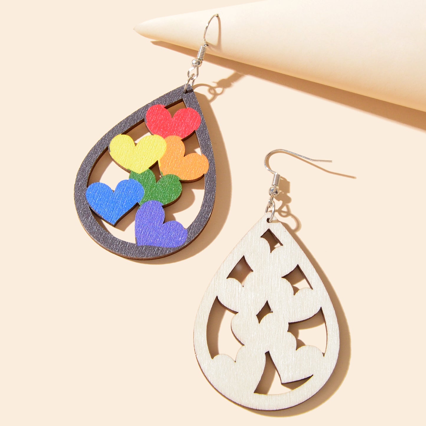 Cute Hollow Colorful Heart Water Drop Wood Dangle Earrings Party Festival Jewelry