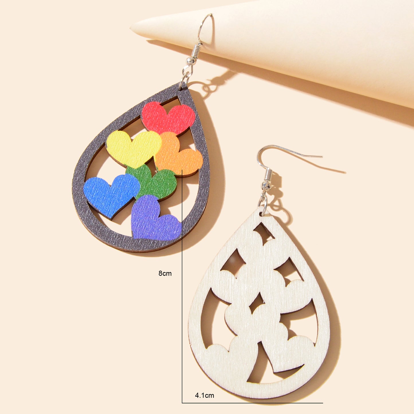 Cute Hollow Colorful Heart Water Drop Wood Dangle Earrings Party Festival Jewelry