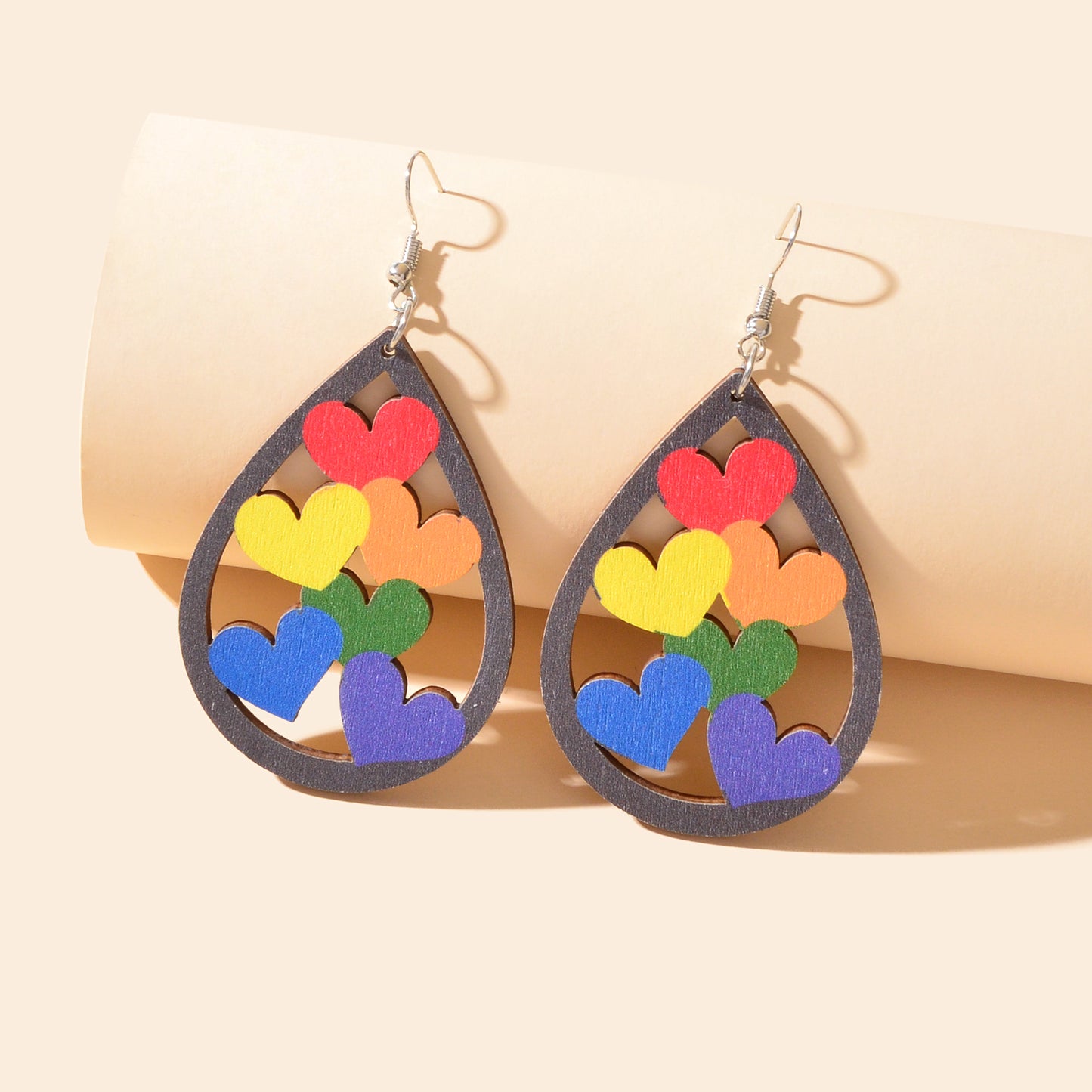 Cute Hollow Colorful Heart Water Drop Wood Dangle Earrings Party Festival Jewelry
