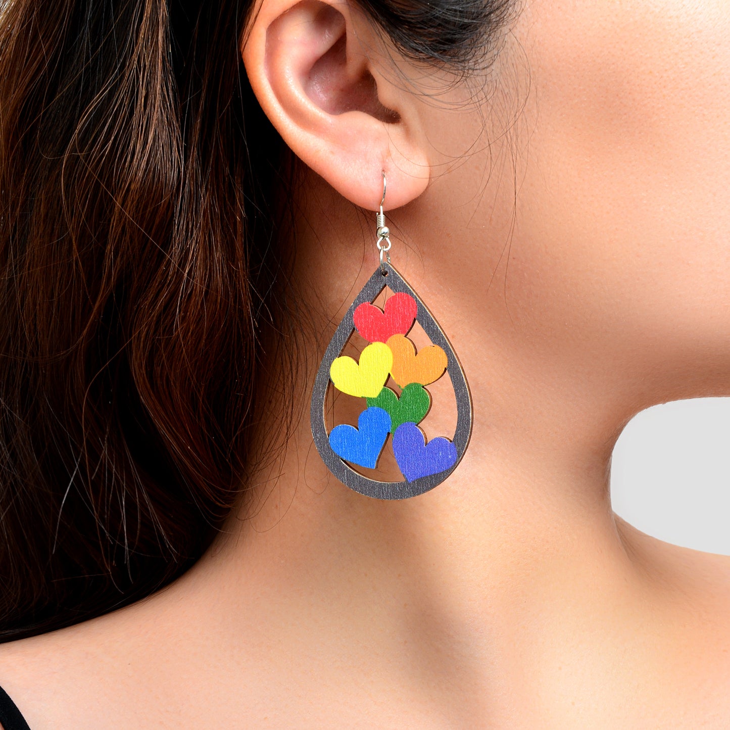 Cute Hollow Colorful Heart Water Drop Wood Dangle Earrings Party Festival Jewelry