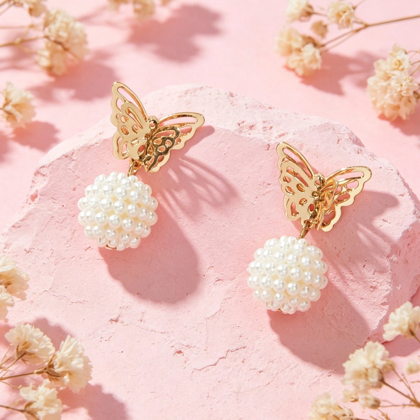 Faux Pearl Ball Gold Tone Butterfly Stud Earrings Women Teens Textured Jewellery