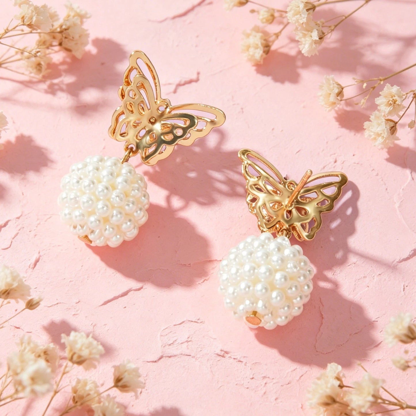 Faux Pearl Ball Gold Tone Butterfly Stud Earrings Women Teens Textured Jewellery