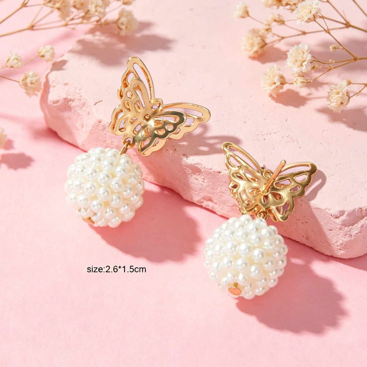 Faux Pearl Ball Gold Tone Butterfly Stud Earrings Women Teens Textured Jewellery