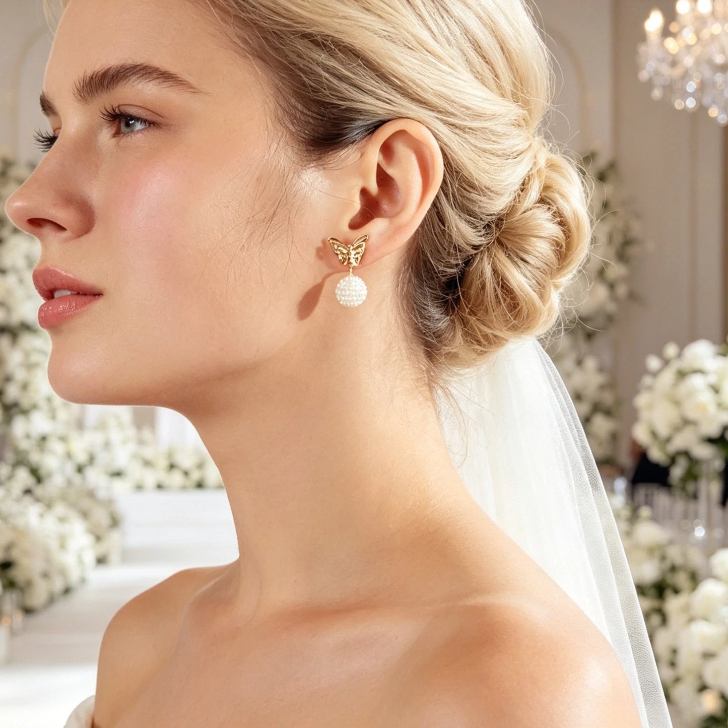Faux Pearl Ball Gold Tone Butterfly Stud Earrings Women Teens Textured Jewellery
