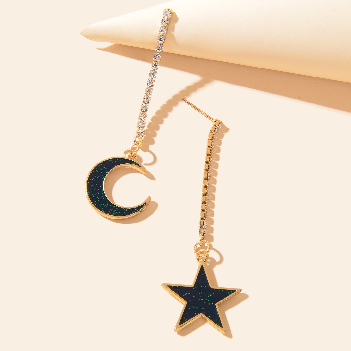 Asymmetrical Long Rhinestone Chain Blue Glitter Moon Star Drop Dangle Earrings Party Festival Jewelry