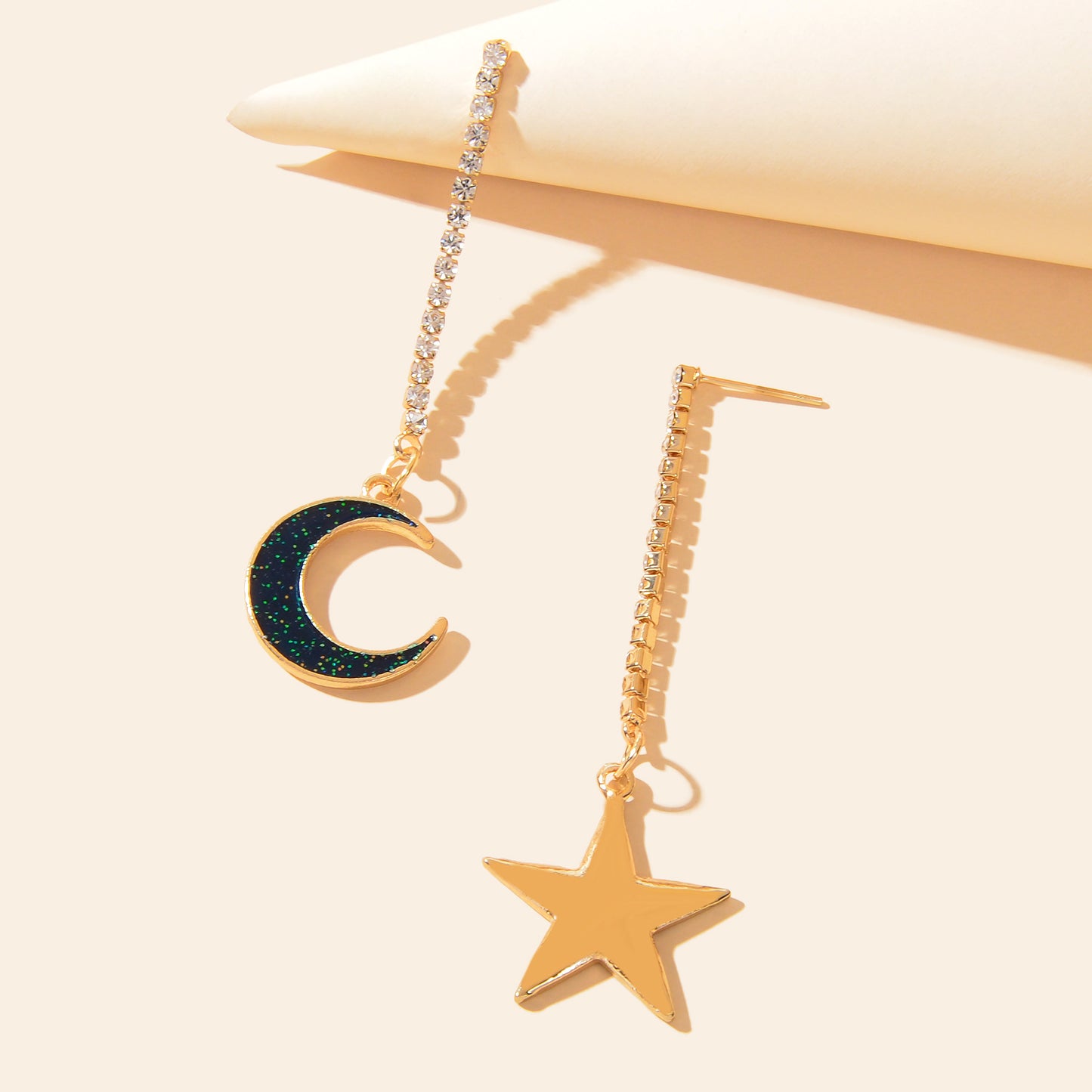 Asymmetrical Long Rhinestone Chain Blue Glitter Moon Star Drop Dangle Earrings Party Festival Jewelry