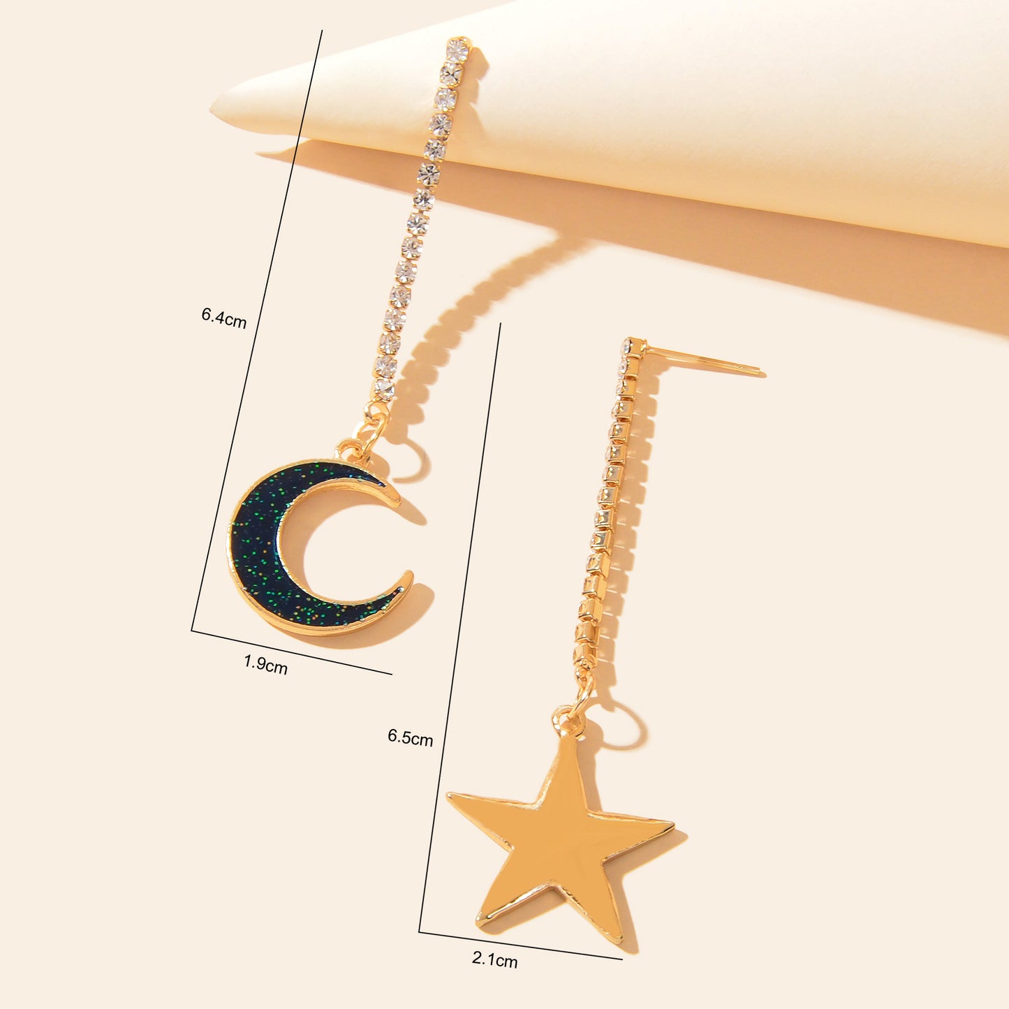 Asymmetrical Long Rhinestone Chain Blue Glitter Moon Star Drop Dangle Earrings Party Festival Jewelry