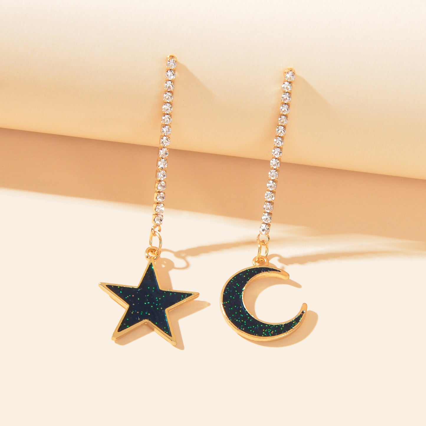 Asymmetrical Long Rhinestone Chain Blue Glitter Moon Star Drop Dangle Earrings Party Festival Jewelry