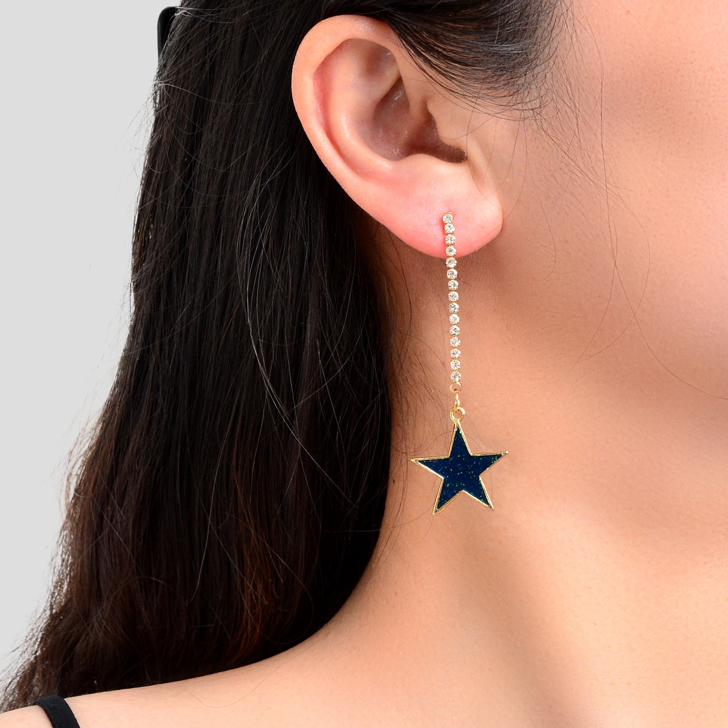 Asymmetrical Long Rhinestone Chain Blue Glitter Moon Star Drop Dangle Earrings Party Festival Jewelry