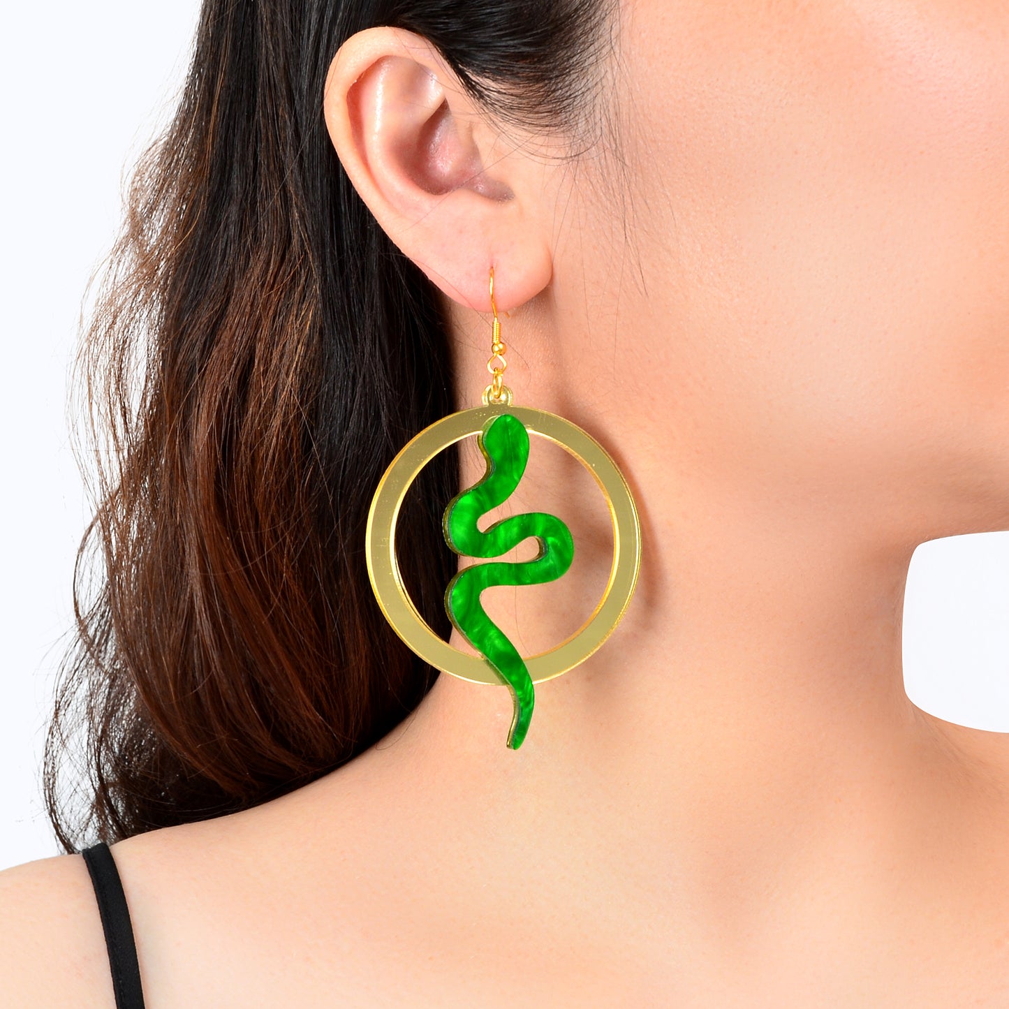 Funky Jewelry Golden Circle Green Snake Acrylic Dangle Earrings Fashion Accessories