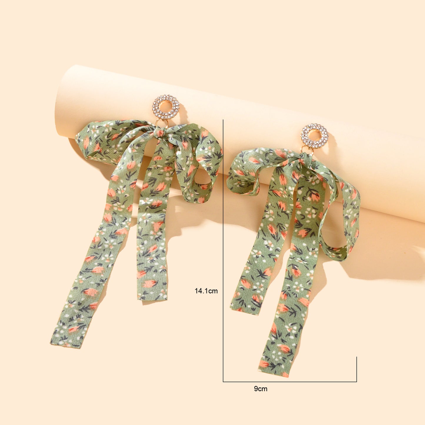 Rural Rhinestone Circle Flower Pattern Fabric Bow Dangle Earrings Beach Vacation Photoshoot Jewelry