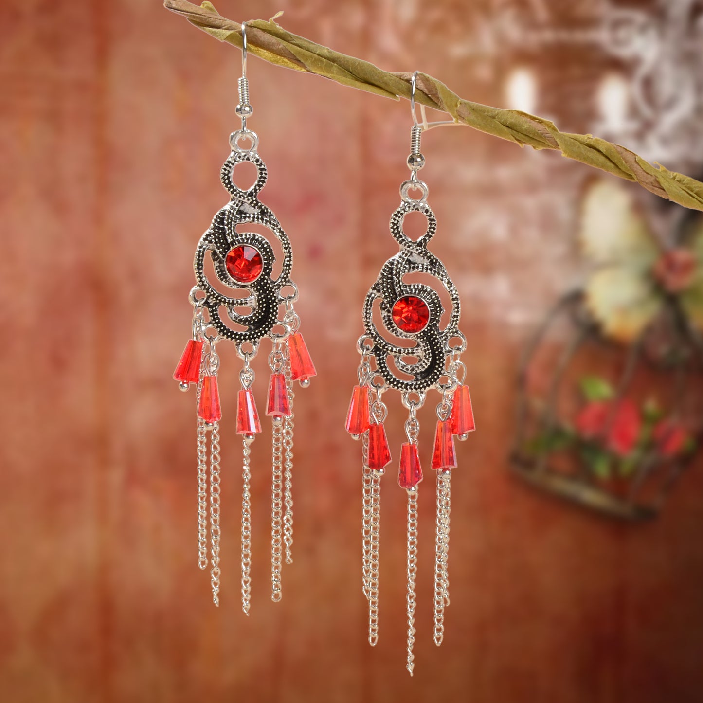 Vintage Imitation Ruby Silvery Tassel Antique Silvery Geometric Dangle Earrings