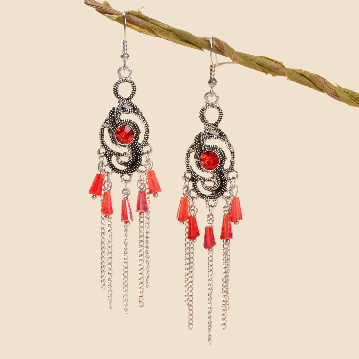 Vintage Imitation Ruby Silvery Tassel Antique Silvery Geometric Dangle Earrings