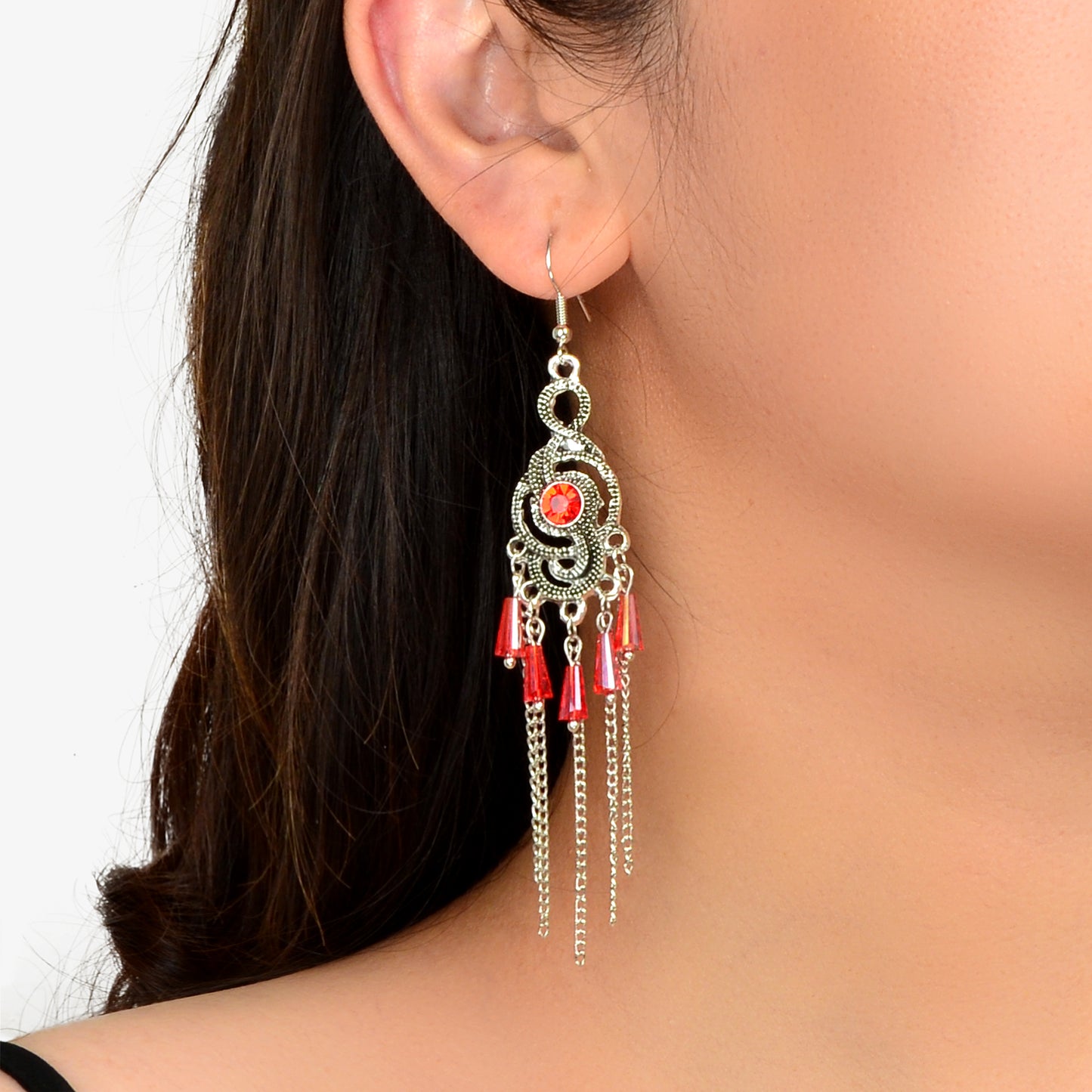 Vintage Imitation Ruby Silvery Tassel Antique Silvery Geometric Dangle Earrings