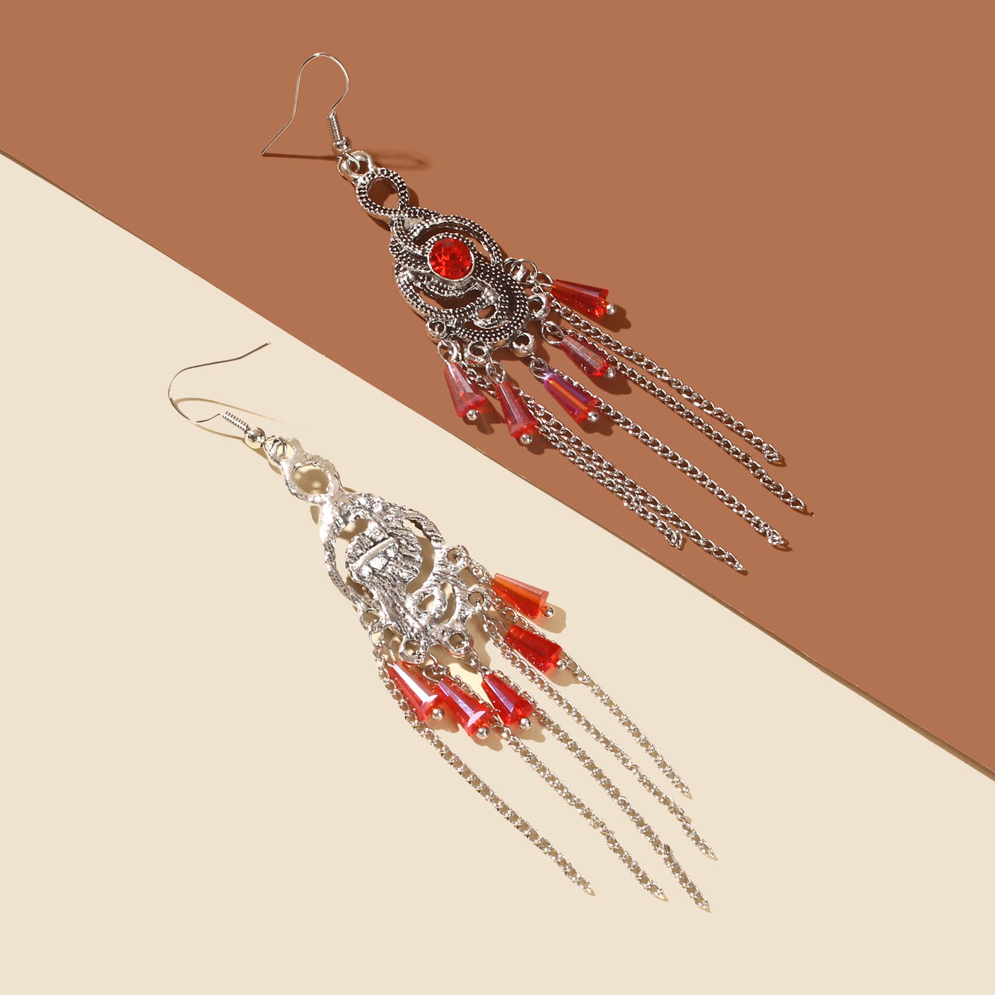 Vintage Imitation Ruby Silvery Tassel Antique Silvery Geometric Dangle Earrings