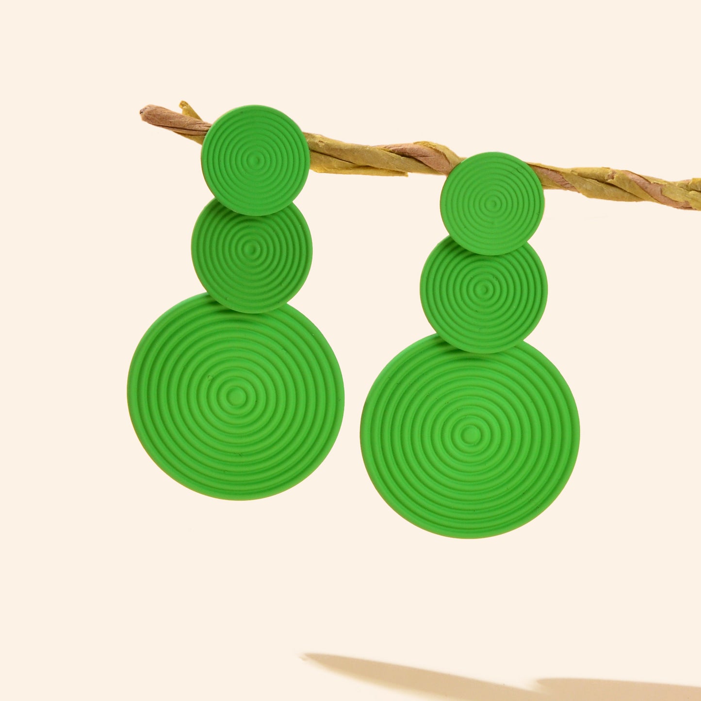 Bright Green Orange Layered Circular Drop Statement Earrings Textured Spiral Geometric Design Party Beach Photos Jewelry
