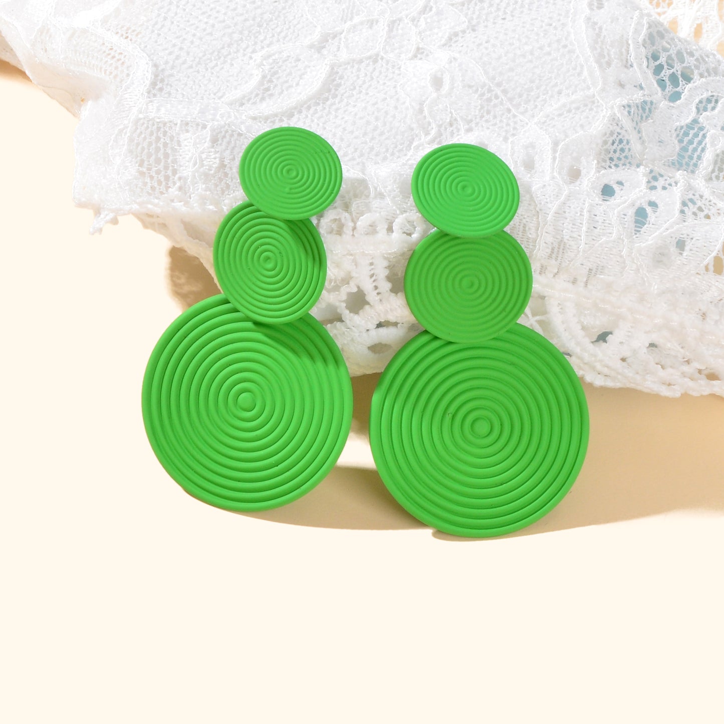 Bright Green Orange Layered Circular Drop Statement Earrings Textured Spiral Geometric Design Party Beach Photos Jewelry