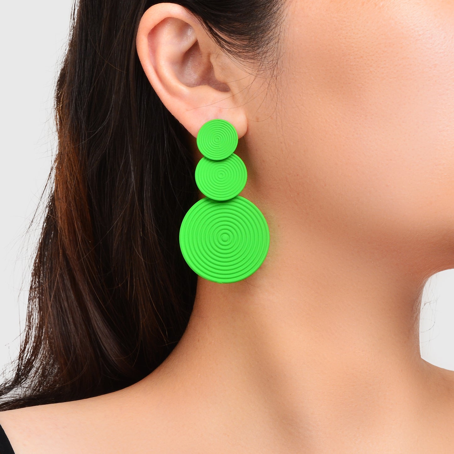 Bright Green Orange Layered Circular Drop Statement Earrings Textured Spiral Geometric Design Party Beach Photos Jewelry