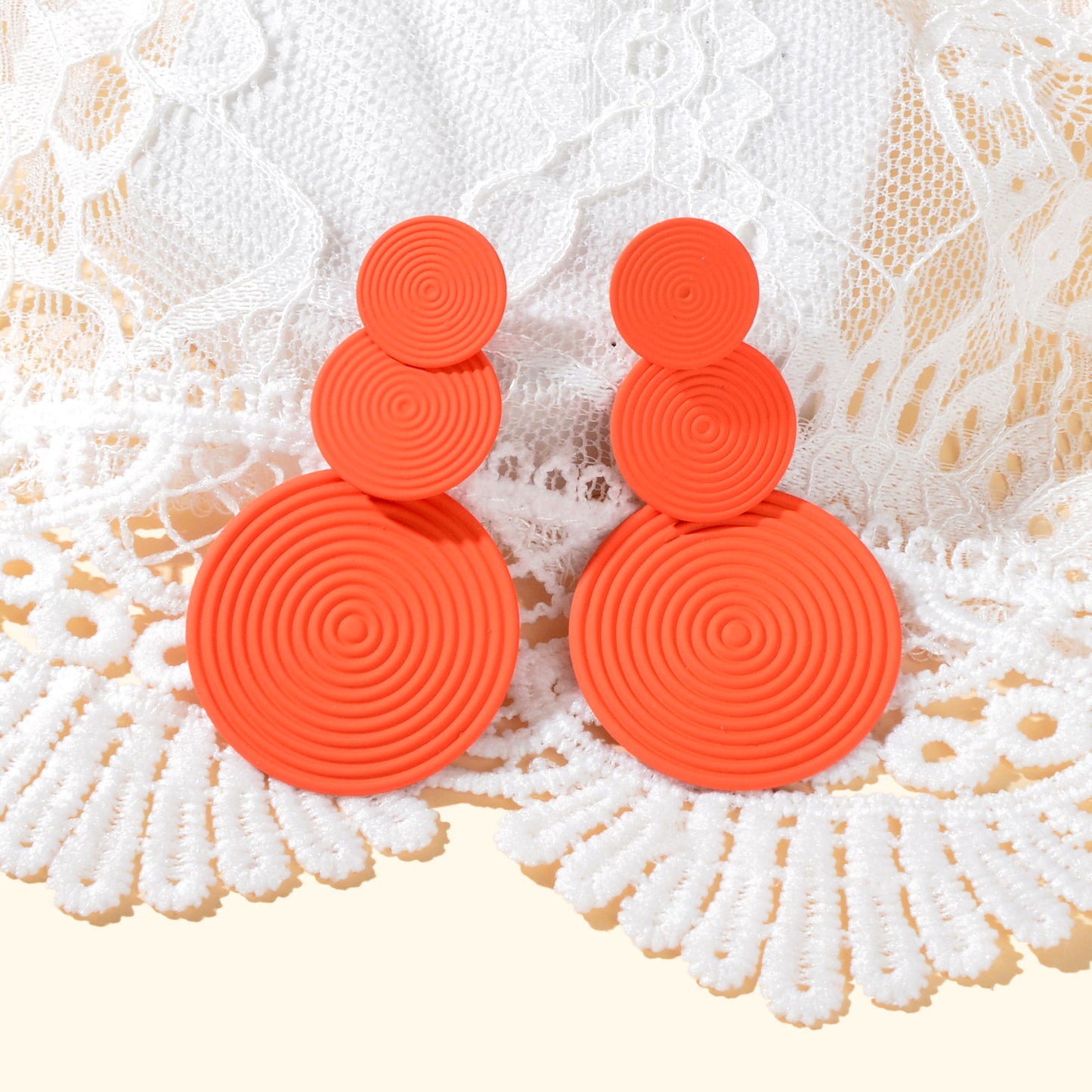 Bright Green Orange Layered Circular Drop Statement Earrings Textured Spiral Geometric Design Party Beach Photos Jewelry