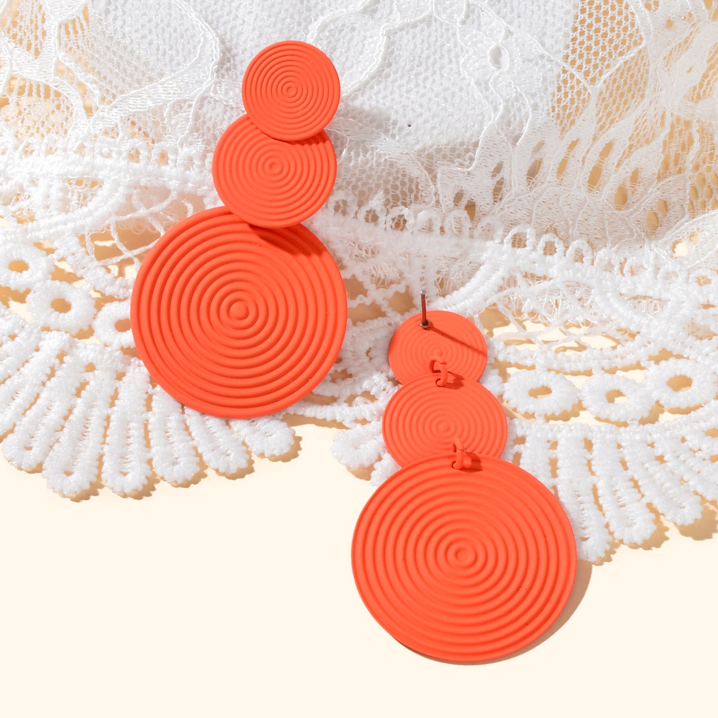 Bright Green Orange Layered Circular Drop Statement Earrings Textured Spiral Geometric Design Party Beach Photos Jewelry