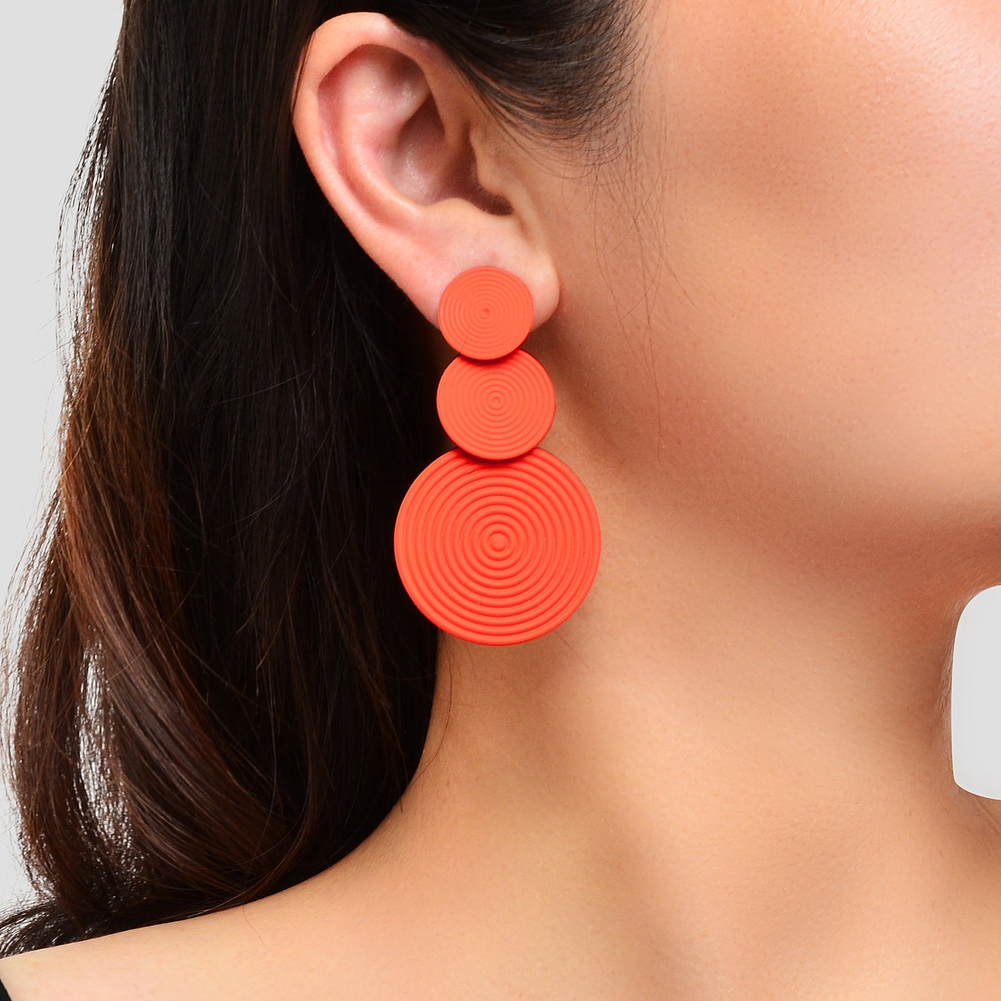 Bright Green Orange Layered Circular Drop Statement Earrings Textured Spiral Geometric Design Party Beach Photos Jewelry