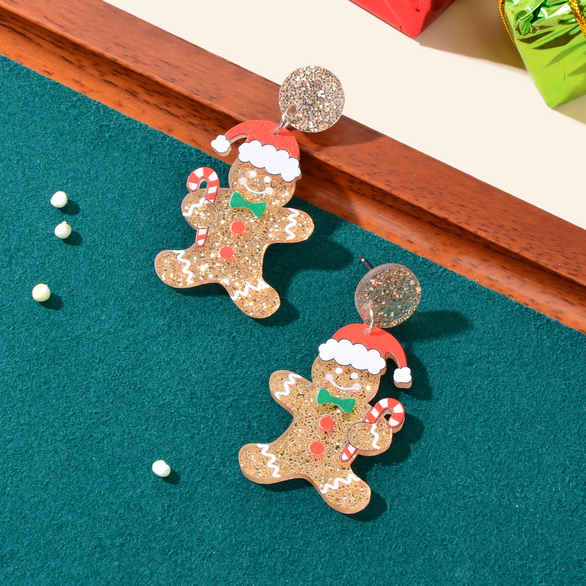Christmas Gift Sparkling Acrylic Gingerbread Man with Candy Cane Dangle Earrings