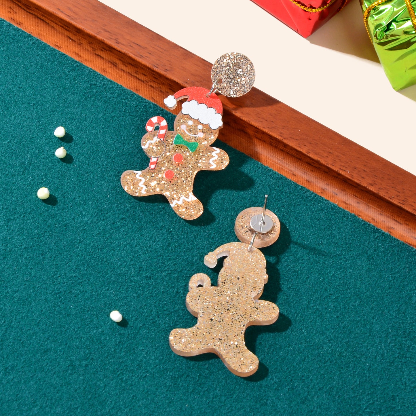 Christmas Gift Sparkling Acrylic Gingerbread Man with Candy Cane Dangle Earrings