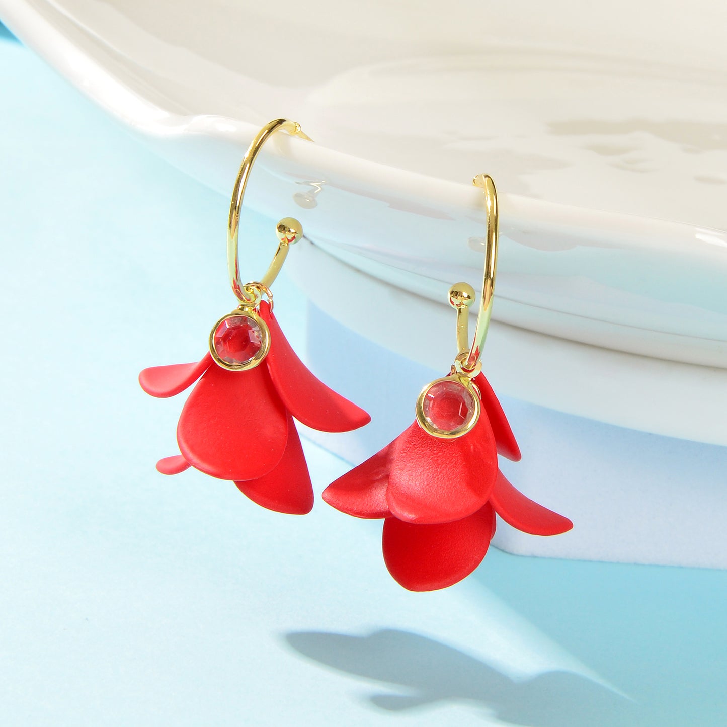 Graceful Red Flower Petal Hoop Stud Earrings for Women Party Dating Jewelry