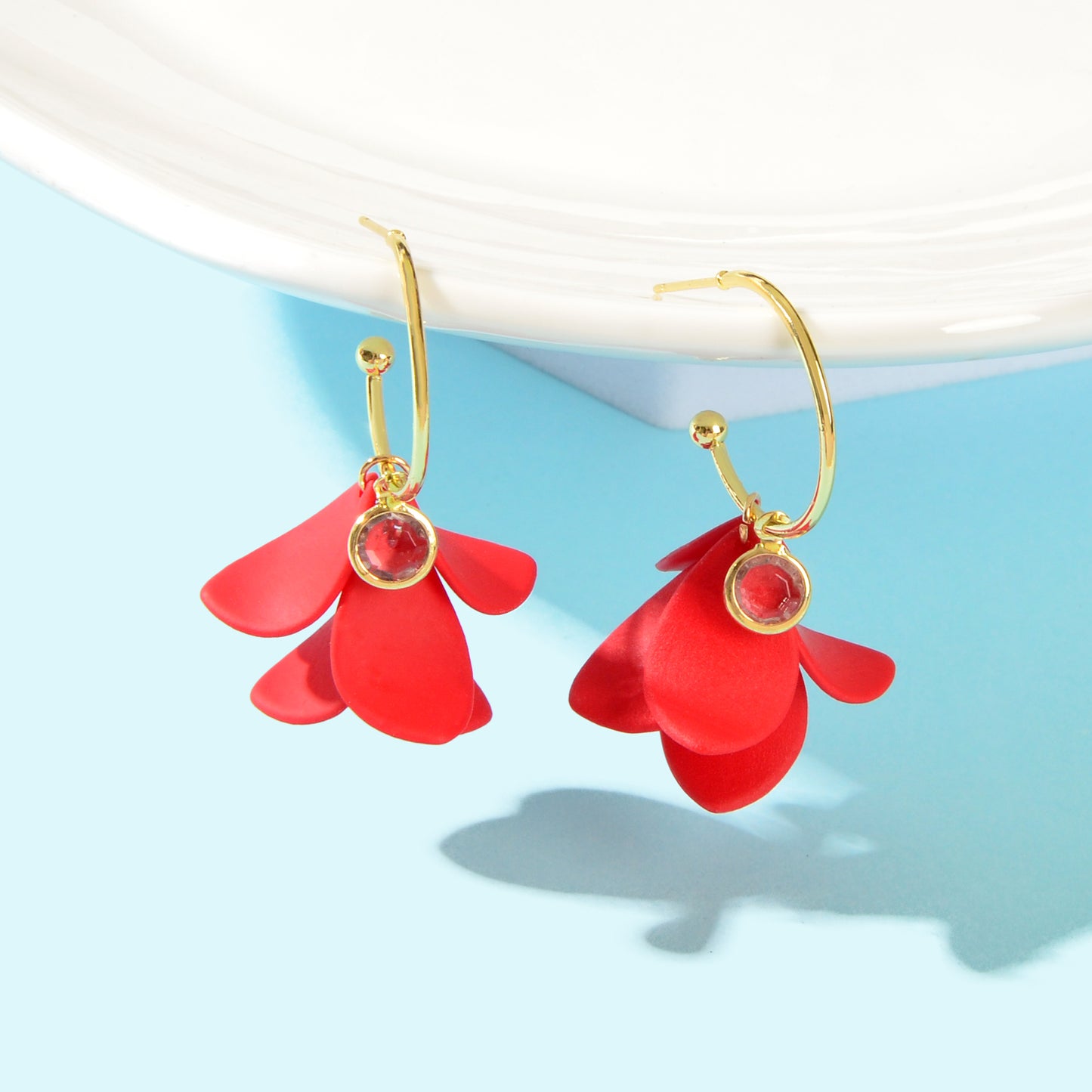 Graceful Red Flower Petal Hoop Stud Earrings for Women Party Dating Jewelry