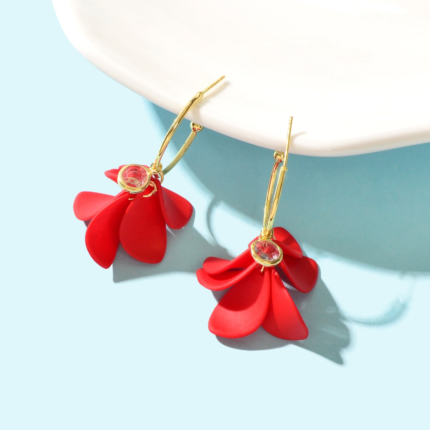 Graceful Red Flower Petal Hoop Stud Earrings for Women Party Dating Jewelry