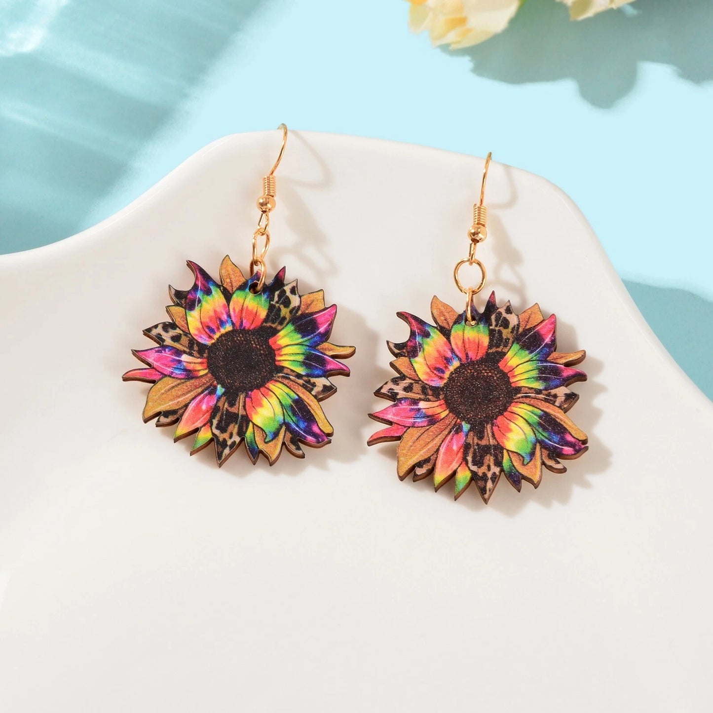 Colourful Sunflower Earrings Bohemian Summer Trendy Wooden Daisy Flower Jewelry