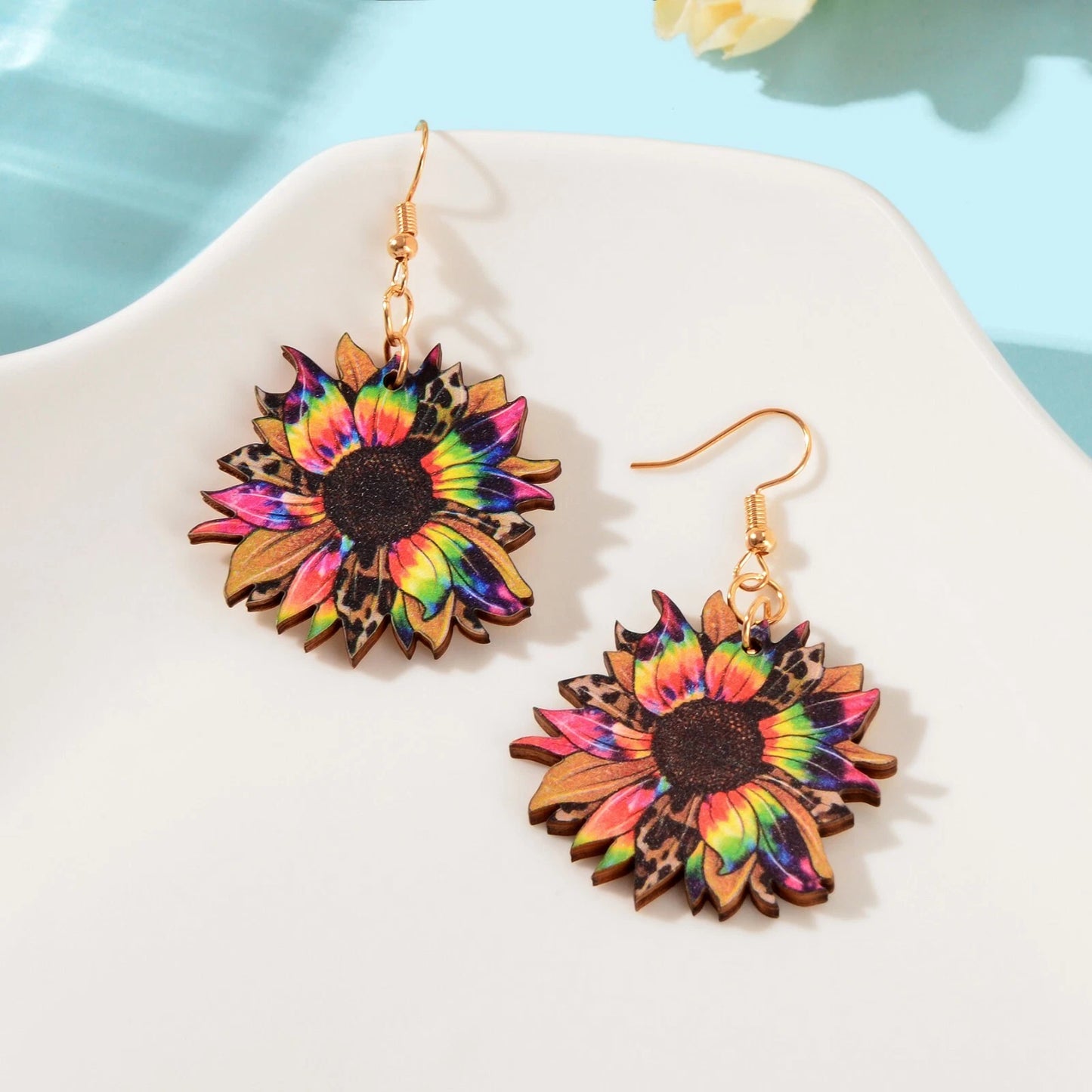 Colourful Sunflower Earrings Bohemian Summer Trendy Wooden Daisy Flower Jewelry