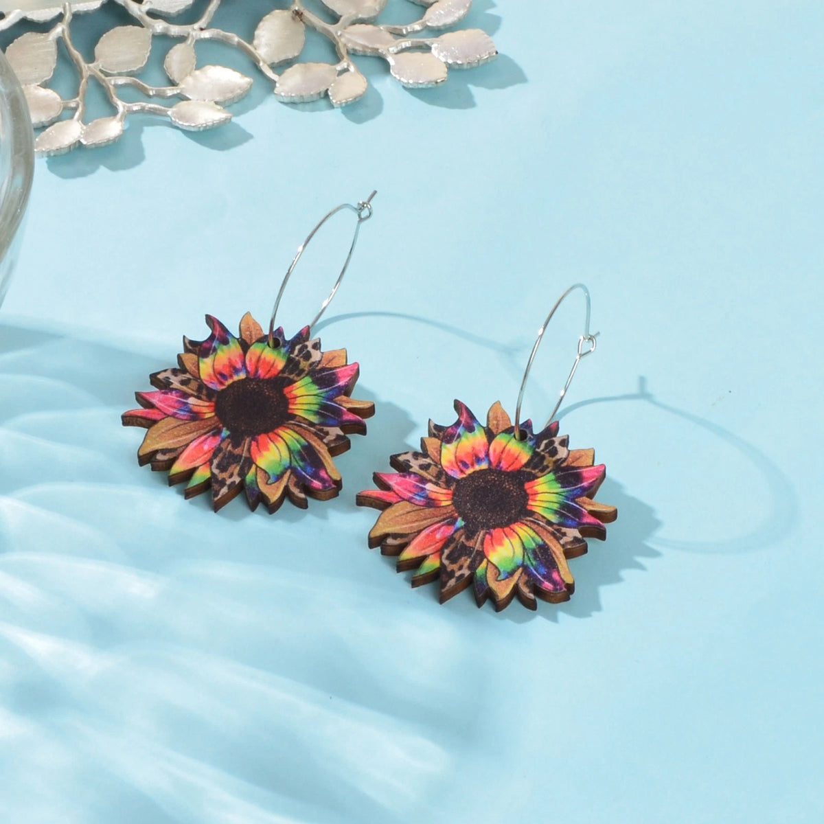 Bohemian Colorful Sunflower Pattern Wood Dangle Earrings Holiday Jewellery