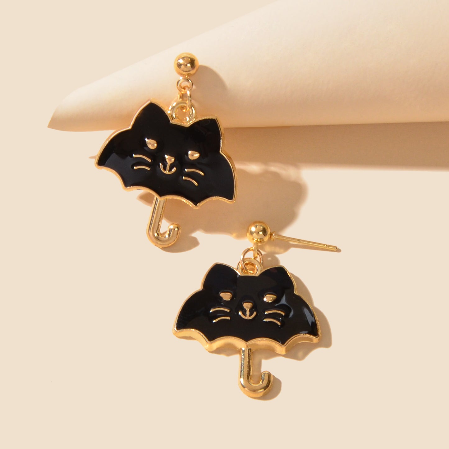 Cute Funny Black White Enamel Umbrella Cat Cartoon Animal Kitten Stud Earrings